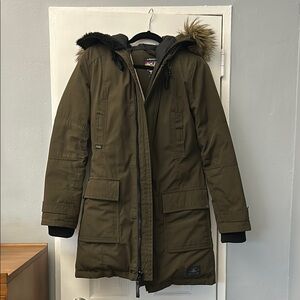 Women's Olive Parka Coat with Faux Fur Hood